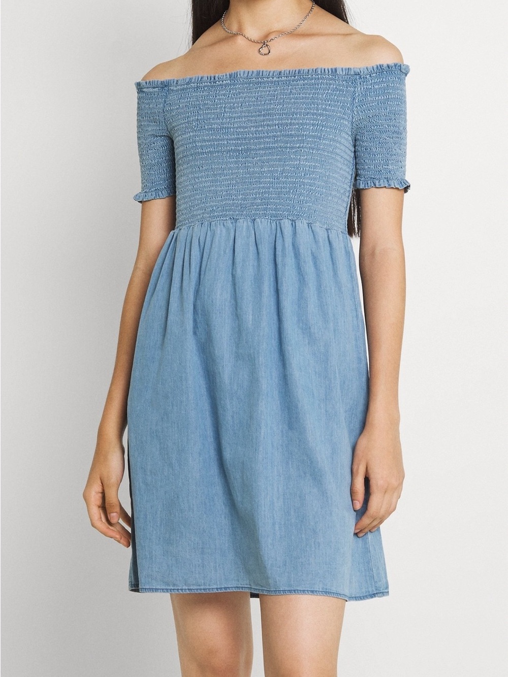 Only Light Blue Denim Smocked Off-Shoulder Mini Dress Sz L
